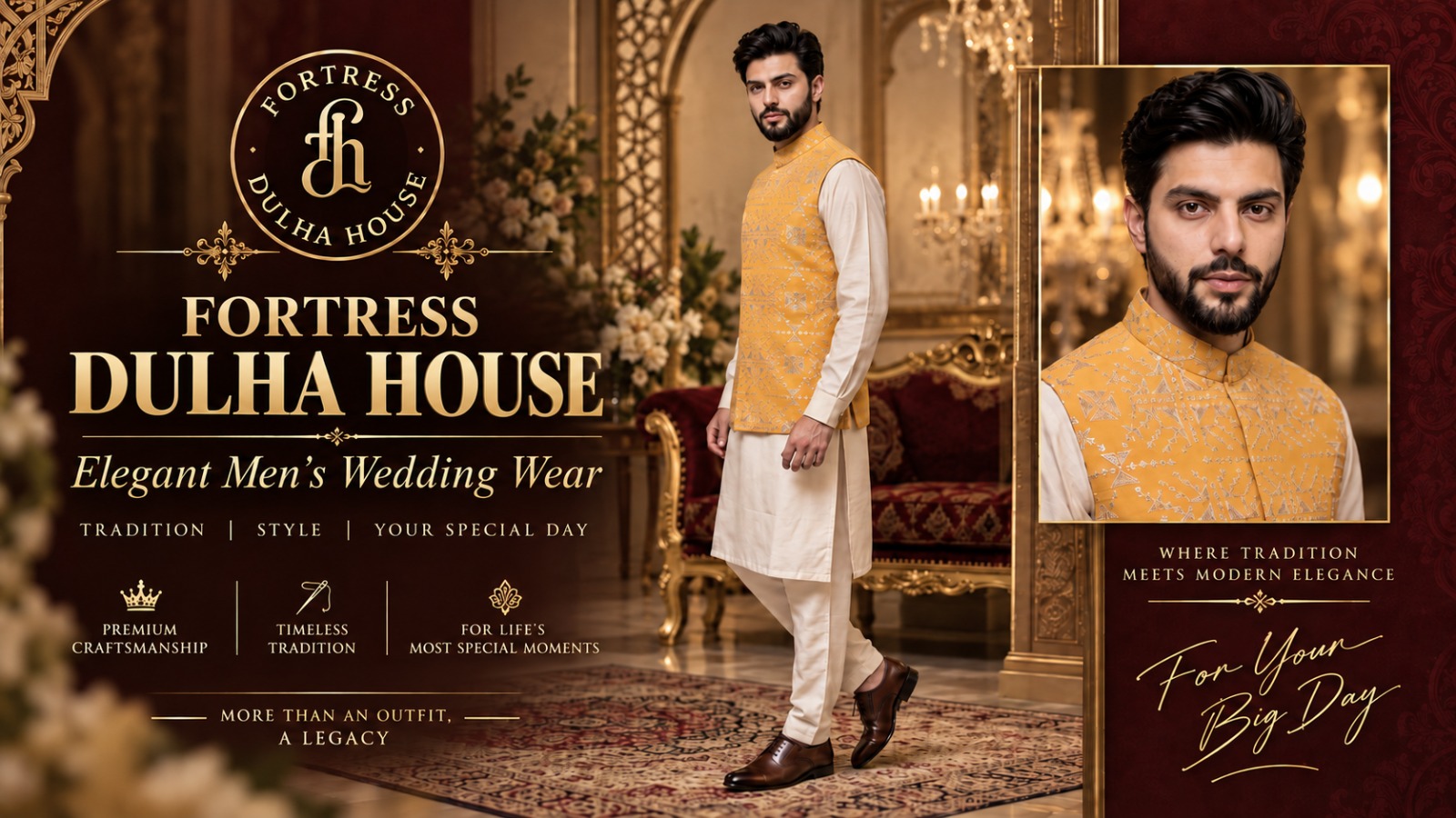Fortress Dulha House luxury men’s wedding wear featuring an embroidered mustard waistcoat with traditional kurta pajama in a royal wedding setting.