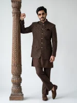 Model wearing a royal chocolate brown jacquard prince coat with an elegant woven pattern, paired with a matching silk kurta suit, perfect for weddings and formal occasions.