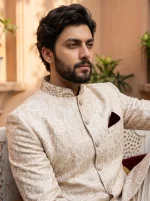 Royal Ivory Jacquard Hand Embroidered Sherwani for Men - Image 4