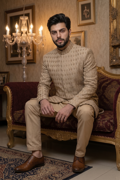 Beige Embroidered Groom Sherwani – Elegant Modern Wedding Look for Men