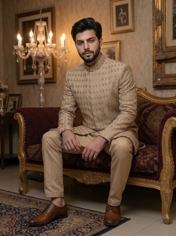 Beige Embroidered Groom Sherwani – Elegant Modern Wedding Look for Men