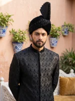 Royal Black Jacquard Hand Embroidered Groom Sherwani
