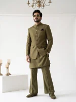 Olive Green Jacquard Prince Coat with Golden Buttons, Paired with a Premium Silk Shalwar Kameez – Elegant Men's Traditional Wedding