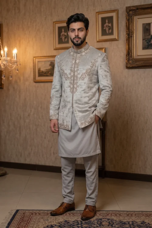 Ivory embroidered Prince Coat for men with elegant detailing, paired with white shalwar kameez for groom and wedding wear.
