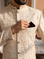 Royal Ivory Jacquard Hand Embroidered Sherwani for Men - Image 5
