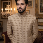 Beige embroidered groom sherwani for men with matching trousers