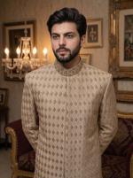 Beige embroidered groom sherwani for men with matching trousers