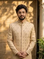 Champagne Gold Jacquard Hand Embroidered Sherwani for Men - Image 3