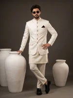 Premium Ivory Jacquard Prince Coat with Silk Suit - Image 4