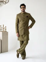 Olive Green Jacquard Prince Coat with Silk Shalwar Kameez – Timeless Royal Elegance