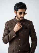Royal Chocolate Brown Jacquard Prince Coat with Silk Suit - Image 3