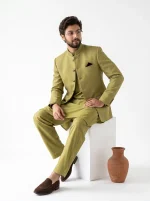 Olive Green Jacquard Prince Coat with Silk Shalwar Kameez - Image 3
