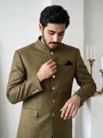 Olive Green Jacquard Prince Coat with Silk Shalwar Kameez - Image 3
