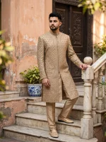 Royal Golden Hand Embroidered Groom Sherwani - Image 3