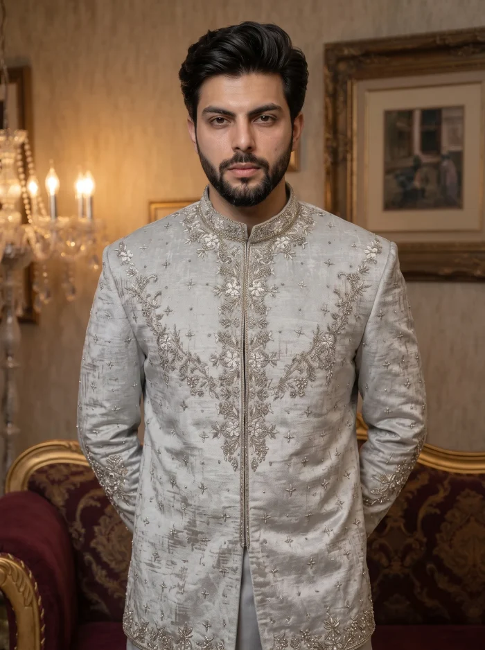 Ivory Embroidered Prince Coat for Men Luxury Wedding & Groom Wear - Image 2