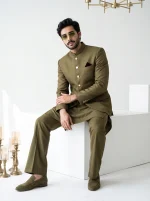 Olive Green Jacquard Prince Coat with Silk Shalwar Kameez - Image 4
