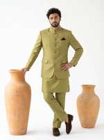 Olive Green Jacquard Prince Coat with Silk Shalwar Kameez - Image 4