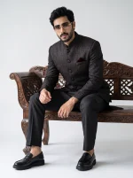 Premium Black Jacquard Prince Coat with Luxury Silk Suit - Image 4