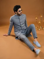 Royal Steel Grey Jacquard Prince Coat with Silk Suit - Image 3