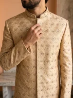 Champagne Gold Jacquard Hand Embroidered Sherwani for Men - Image 4