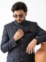 Royal Charcoal Grey Jacquard Prince Coat with Shalwar Kameez - Image 4