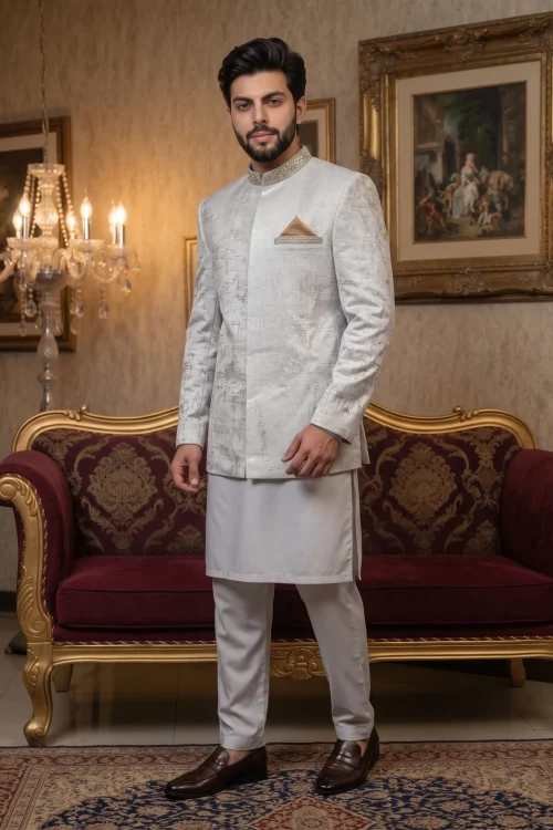 Luxury silver Prince Coat for men with embellished collar and textured design, paired with white shalwar kameez for weddings and groom wear.