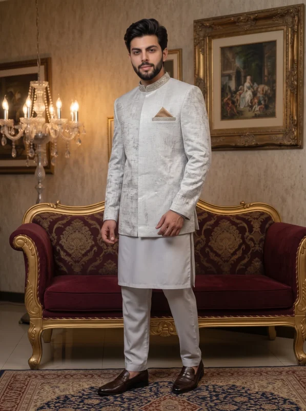 Luxury silver Prince Coat for men with embellished collar and textured design, paired with white shalwar kameez for weddings and groom wear.