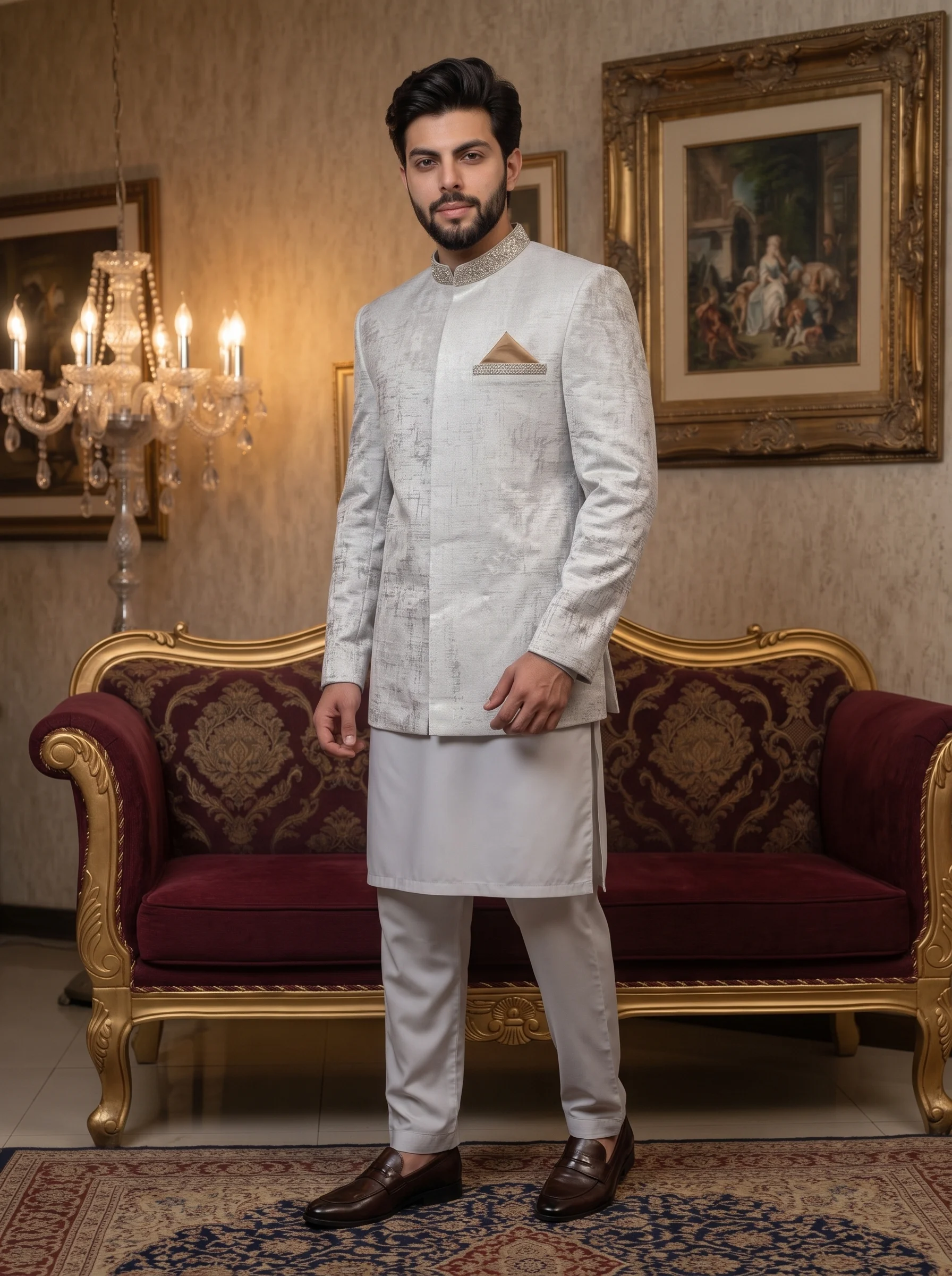 prince coat Luxury silver Prince Coat for men with embellished collar and textured design, paired with white shalwar kameez for weddings and groom wear.