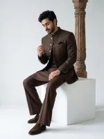 Royal Chocolate Brown Jacquard Prince Coat with Silk Suit - Image 4