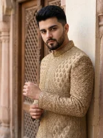 Royal Golden Hand Embroidered Groom Sherwani - Image 4