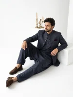 Royal Charcoal Grey Jacquard Prince Coat with Shalwar Kameez - Image 3