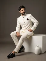Premium Ivory Jacquard Prince Coat with Silk Suit - Image 3
