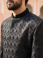 Royal Black Jacquard Hand Embroidered Groom Sherwani - Image 3