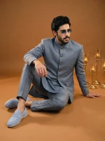 Royal Steel Grey Jacquard Prince Coat with Silk Suit - Image 4