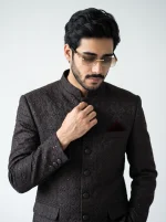 Premium Black Jacquard Prince Coat with Luxury Silk Suit - Image 3