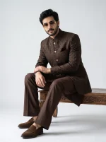 Royal Chocolate Brown Jacquard Prince Coat with Silk Suit - Image 5