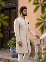 Royal Ivory Jacquard Hand Embroidered Sherwani for Men - Image 3