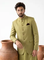 Olive Green Jacquard Prince Coat with Silk Shalwar Kameez - Image 5