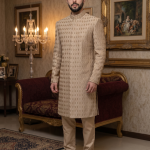 Beige Embroidered Groom Sherwani Elegant Modern Wedding Look for Men
