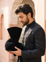 Royal Black Jacquard Hand Embroidered Groom Sherwani - Image 4