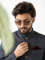 Royal Charcoal Grey Jacquard Prince Coat with Shalwar Kameez - Image 5