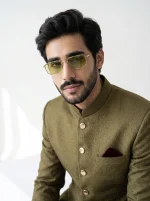 Olive Green Jacquard Prince Coat with Silk Shalwar Kameez - Image 5
