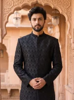 Royal Black Jacquard Hand Embroidered Groom Sherwani - Image 5