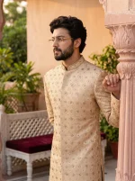 Champagne Gold Jacquard Hand Embroidered Sherwani for Men - Image 5