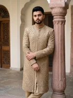 Royal Golden Hand Embroidered Groom Sherwani - Image 5